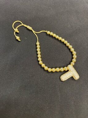 Gold Pave T Infinity Bead Bracelet with Adjustable Slider